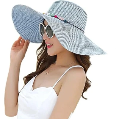Afbeelding van BABAHU Opvouwbare strohoed met brede rand voor dames, zomerzonnehoed, UV strandhoed, UPF 50+, Navy Blauw, Eén maat