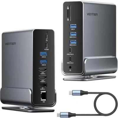 Afbeelding van VENTION USB C dockingstation met 3 monitoren, 16 in 1 hub 2 HDMI poorten 4K @ 60Hz, en A 10 Gbps, DP, RJ45, 3,5 mm audio, SD/TF, 100 WPD, voor MacBook/Dell/HP