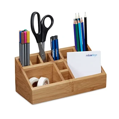 Afbeelding van Relaxdays pennenbakje bamboe, bureau organizer, pennen houder, hout bruin 10 vak