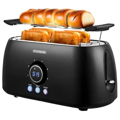 Afbeelding van Grille pain XXL 4 tranches avec réchauffe viennoiseries noir Écran numérique Arrêt automatique à fente longue