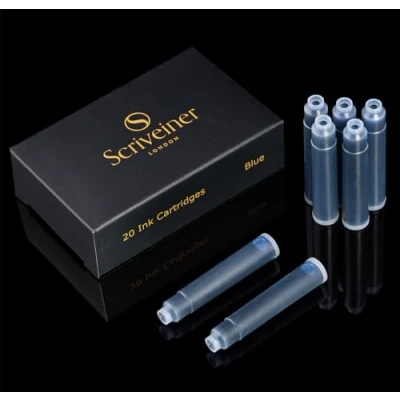 Afbeelding van Scriveiner Blauw 20 inktpatronen standaard internationaal, gemaakt in Groot Brittannië, de beste cartridge voor je schrijfstift, maat is geschikt meeste vulpennen