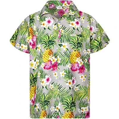 Afbeelding van King Kameha Funky Hawaïhemd voor heren, korte mouwen, voorzak, Hawaii print, Ananas en bloemen, Bloemen Grijs