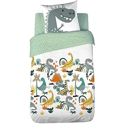 Afbeelding van Côte Deco Beddengoed voor kinderen, omkeerbaar, dinosaurus, jurassik, blauw, dekbedovertrek 140 x 200 cm + 1 kussensloop 63 53 cm, 100% katoen