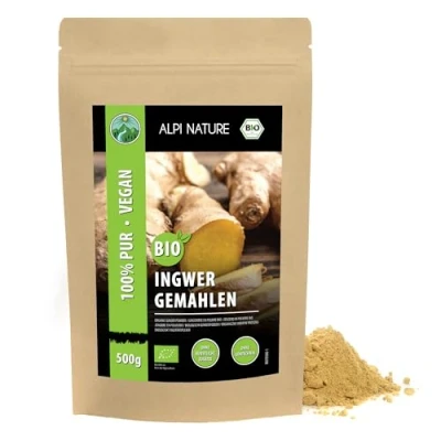 Afbeelding van Biologisch gemberpoeder (500 g), gemalen gember uit gecontroleerde biologische teelt, gemberpoeder, 100% natuurlijk, zonder additieven, glutenvrij, lactosevrij, laboratoriumgetest, veganistisch