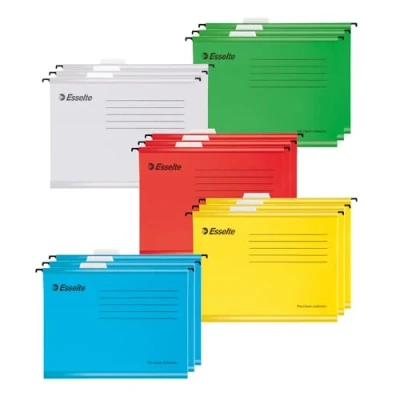 Afbeelding van Esselte 15 stuks A4 versterkte hangmappen van 100% gerecycled karton, met tabbladen en kaarteninzetstukken, voor thuis, kantoor, school, kleurorganisatie, 628808