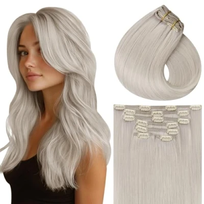 Afbeelding van Vivien Haarverlenging om vast te klikken, echt haar, dik, blond, 35 cm, clip in #60, platinablond, 120 g, volledig hoofd, Remy steil, extensions, voor dames, 7 stuks
