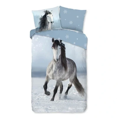Afbeelding van Good Morning Kinderdekbedovertrek &quot;paard in de sneeuw&quot; Grijs (140x200/220 cm) Katoen Flanel