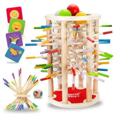 Afbeelding van Nene Toys BALL FALL Montessori spel, 4 in 1, met kleurrijke stokjes, dobbelstenen en kaarten voor kinderen 3+, houten torenspel jongens meisjes, educatief familiespel, cognitieve ontwikkeling