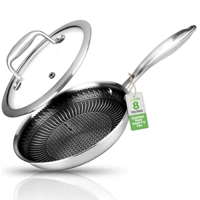 Afbeelding van Nutrichef braadpan van roestvrij staal, 20,3 cm, Triply Kitchenware met antiaanbaklaag, krasbestendig, motief honingraat vuurstructuur NC3PL8