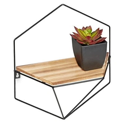 Afbeelding van Relaxdays wandplank zeshoek industrieel wandrek zwart metaal muurplank smal decoratie