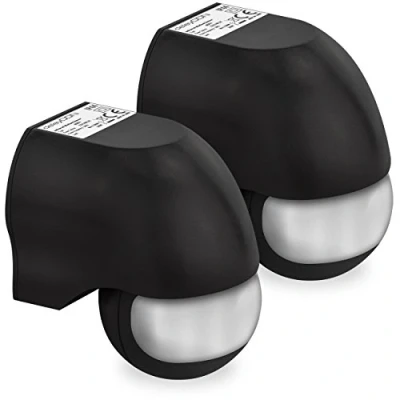 Afbeelding van deleyCON 2 x infrarood bewegingsmelder, opkomend, wandmontage binnen buiten, spatwaterdicht, draaibaar, kantelbaar, 180 graden, werkgebied, bereik 12 m, zwart