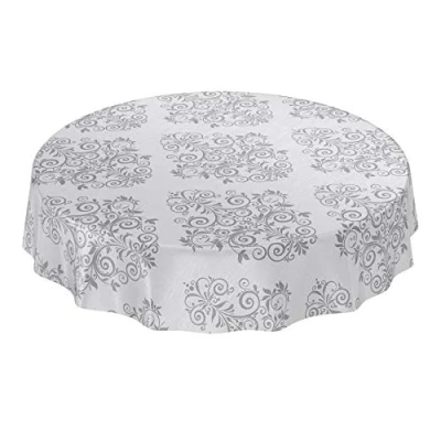 Afbeelding van ANRO Afwasbaar tafelzeil, tafelkleed lichtgrijs barokmotief met arabesken rond, 140 cm