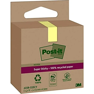 Afbeelding van Post it Super Sticky Notes Recycled, 70 Vel, Ft 47,6 X Mm, Geel, Pak Van 3 Blokken Memoblok