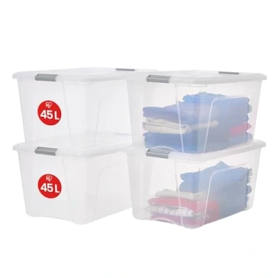 Afbeelding van Iris Ohyama, NTB 45 Opbergdoos van kunststof met deksel, l, 4 stuks, zilver, sluitclips, handgreep, stapelbaar, robuust en duurzaam, voor slaapkamer, kleedkamer, kantoor,