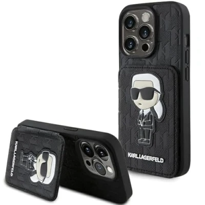 Afbeelding van Karl Lagerfeld Saffiano Kaartslots en Stand Monogram Ikonik Patch case voor iPhone 15 Pro Max zwart