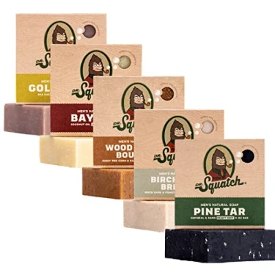 Afbeelding van Dr. Squatch Saponetta Tutta Natural voor heren, combinatie met 5 haarspelden Bay Rum, Birchwood Breeze, Gold Moss, Pine Tar, Wood Barrel Bourbon