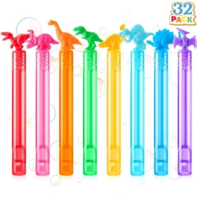 Afbeelding van JOYIN 32 stuks mini zeepbellenstokjes voor kinderen, 8 kleuren, dinosaurus zeepbellenstokjes, snoepzakjes, schatkistspeelgoed, klasprijs jongens en meisjes