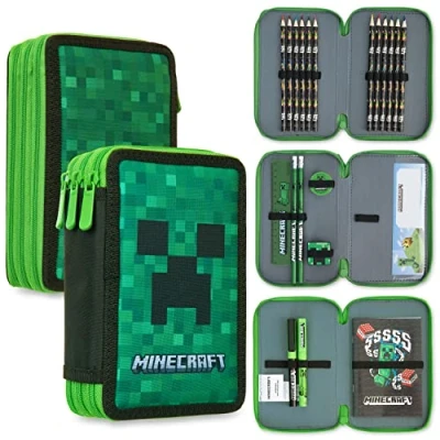 Afbeelding van Minecraft Schooltas etui met vakken, gevuld schoolbenodigdheden, pennenetui, school, kinderen, jongens, goodies, officiële gamer accessoires (Creeper Groen)