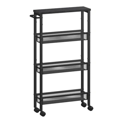 Afbeelding van VASAGLE LRC032B04 Keukenwagen met 4 niveaus, nisrek op wielen, staal, handvat, voor kleine ruimtes, 13 x 45,4 77 cm, keuken, badkamer, woonkamer, kantoor, ebbenhout zwart