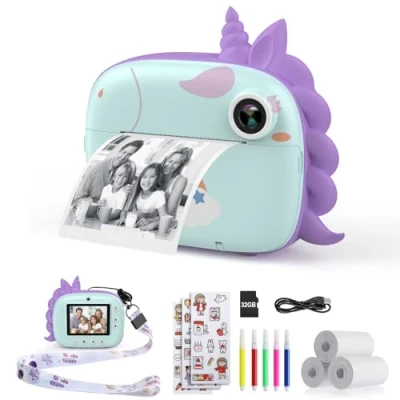 Afbeelding van HiMont Onmiddellijke camera voor kinderen, digitale met printpapier en 32G TF kaart, videocamera kleurrijke pennen fotoklemmen om te knutselen, cadeau kinderen van 3 tot 14 jaar, groen