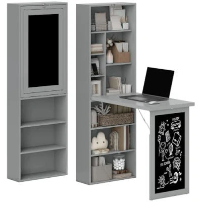 Afbeelding van HOMCOM Inklapbaar computerbureau, bureau met opslag, opklapbare wandtafel boekenkast, werkstation, krijtbord en verstelbare plank, donkergrijs