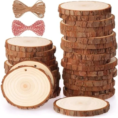 Afbeelding van Fuyit natuurlijke hout plakjes 30 stuks 6 7cm geboord gat onvoltooide log houten cirkels voor diy ambachten bruiloft decoraties kerst ornamenten