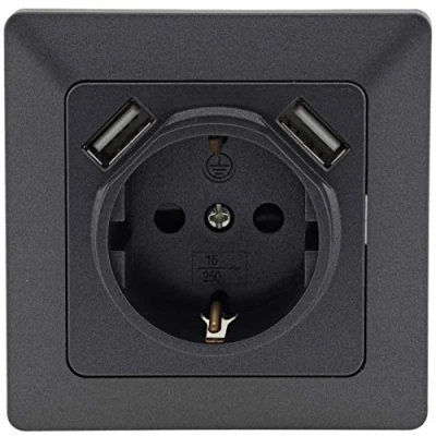 Afbeelding van MILOS Set van 2 USB inbouwcontactdozen 250V/16A 2x 5V 3.1A Stekkerklem antraciet grijs
