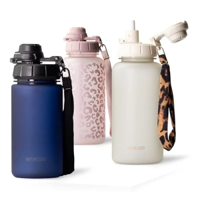 Afbeelding van MAMEIDO Drinkfles, 500 ml, met rietje en motivatietijdmarkering, sportfles polsband, waterdichte kinderfles, waterfles, BPA vrij, waterfles (donkere nacht, 0,5 l)