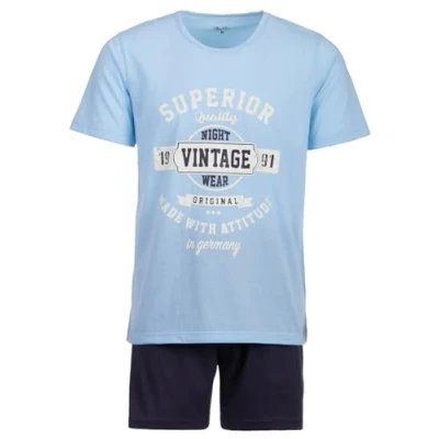 Afbeelding van Henry Terre Heren pyjamaset 2 delige korte vintage blauwe shorts grote maat katoen, Lichtblauw