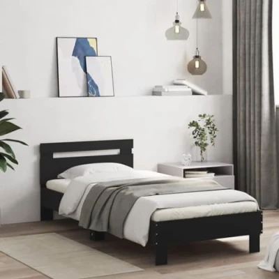 Afbeelding van Bedframe met hoofdbord en LED verlichting zwart 90x200 cm