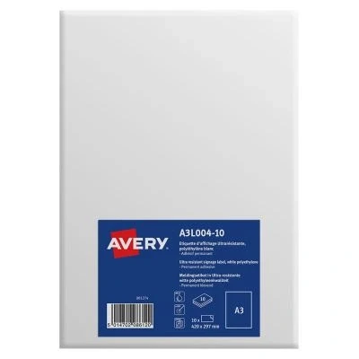 Image de AVERY Pochette de 10 étiquettes d&#039;affichage autocollantes ultra résistantes en polyethylène, Personnalisables et imprimables, Format A3 (420 x 297 mm), Impression laser / jet d&#039;encre,