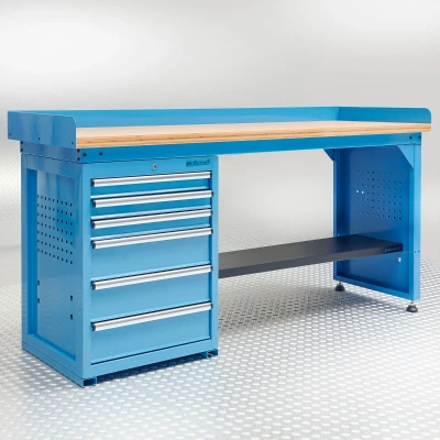 Afbeelding van Werkbank PRO bamboe werkblad 6 lades 200 cm blauw