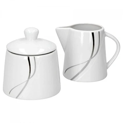 Afbeelding van Van Well, Black Flower Design Porseleinen set, 2 delige set suikerblikje + melkpannen