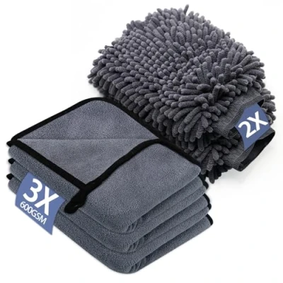 Afbeelding van YSWOVUO Set van 5 autoverzorgingsdoeken met 3 microvezeldoeken en 2 microvezel washandjes voor de auto, 600 g/m², extra absorberend, 100% krasbestendig zacht, auto