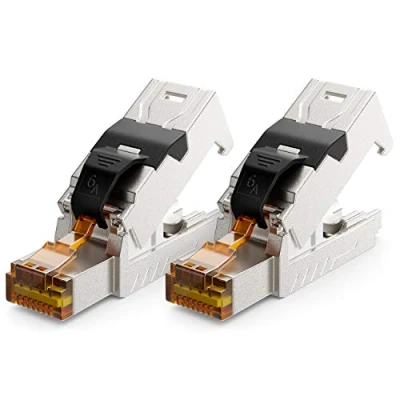 Afbeelding van deleyCON 2 x CAT 6a RJ45 netwerkstekker met LSA stekker zonder gereedschap voor stijve installatiekabels, LAN kabel, RJ45, CAT6a, CAT7, afgeschermd, metalen behuizing, 10 Gbit/s