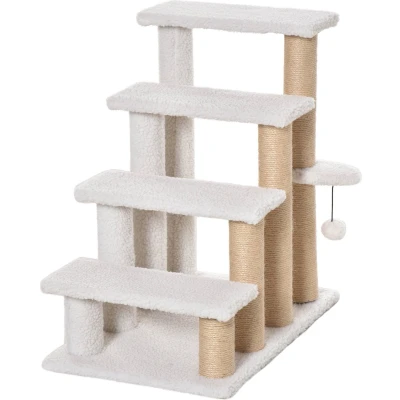 Afbeelding van PawHut Huisdierentrap met krabpaal bal 4 treden kattentrap dierentrap pluche jute D06 093