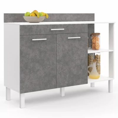 Image de Buffet bas de cuisine 120 cm CINA plan travail H.83 2 portes + tiroir blanc et effet béton
