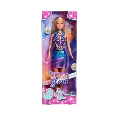 Afbeelding van Simba 105733663 Love Super Glam, Steffi in glitterjurk met lichaamssieraden, haarclips, oorbellen en handtas, 29 cm pop, vanaf 3 jaar