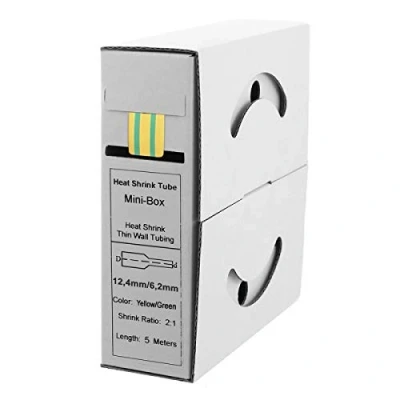 Image de Offgridtec Gaine thermorétractable de 5 m avec colle 12,7 mm &gt; 6,4 mm, double mur, sans halogène, ignifuge, isolation câble étanche, facile à couper, boîte distributrice, jaune/vert