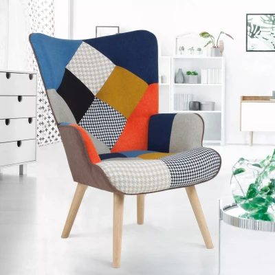 Afbeelding van Fauteuil scandinave IVAR en tissu patchwork multicouleurs et imprimé pied de poule