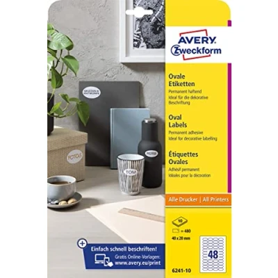 Afbeelding van Avery Zweckform ovale etiketten, 40 x 20 mm, wit, permanent klevend, 480 10 vellen etiket