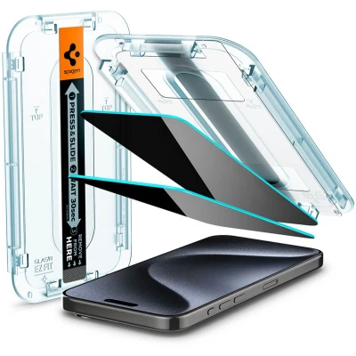Afbeelding van Spigen Privacy Glass Geschikt voor Apple iPhone 15 Pro EZ Fit GLAS.tR 9H Tempered Screen Protector Case Friendly Gemakkelijke Installatie 1 Pack