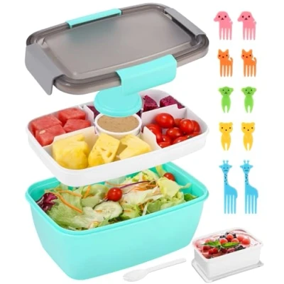 Afbeelding van Lunchbox voor volwassenen met gedeelde vakken, saladebox om mee te nemen vork, tandenstoker kinderen, lekvrij, magnetronbestendig, 2000 ml, bento box school,