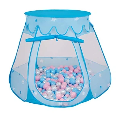Afbeelding van Selonis Speeltent 105 x 90 cm/600 ballen kasteelhuis verplaatsbare ballenbak met voor kinderen, blauw: babyblauw poederroze parel