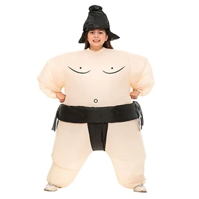 Afbeelding van AirSuit® Opblaasbaar Sumo kostuum voor kinderen, maat 120 tot 150 cm, opvallend carnaval, van zeer duurzaam polyester, aangenaam om te dragen, inclusief opblaassysteem, OriginalCup®