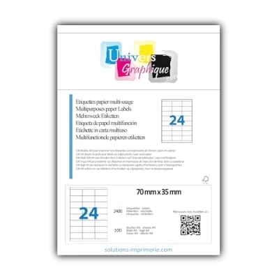Afbeelding van 2400 etiketten 70 x 35 mm 100 vellen A4 24 zelfklevende per bord voor inkjet en laserprinter