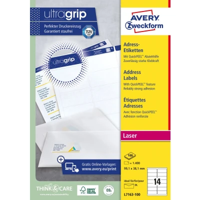 Afbeelding van Avery L7163, Adresetiketten, Laser, Ultragrip, wit, 100 vellen, 14 per vel, 99,1 x 38,1 mm etiket