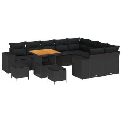 Afbeelding van vidaXL 12 delige ligbedset met kussens Zwart Poly Rattan en Acacia