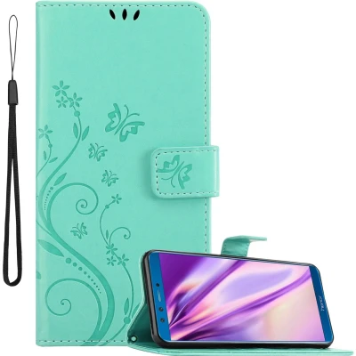 Afbeelding van Cadorabo Hoesje geschikt voor Honor 9X LITE in BLOEMEN TURKOOIS Beschermhoes bloemmotief met magnetische sluiting, standfunctie en kaartsleuven Book Case Cover Etui