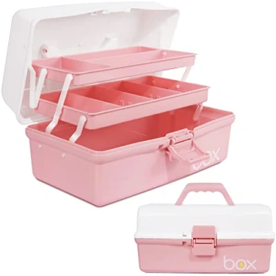 Afbeelding van 30,5 cm grote multifunctionele opbergdoos, organizer, opvouwbare gereedschapskist, kunst en knutselkoffer, naaibenodigdheden, medicijnbox, familie EHBO doos met 2 legplanken (roze wit)